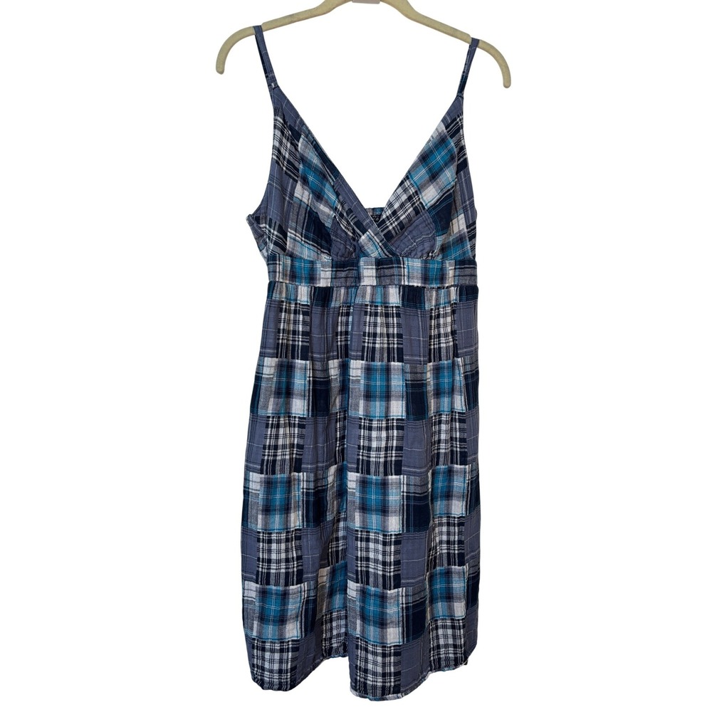 Y2K Faded Glory Kids Blue Patchwork Plaid Cotton Sundress Smocked Back Girls 16